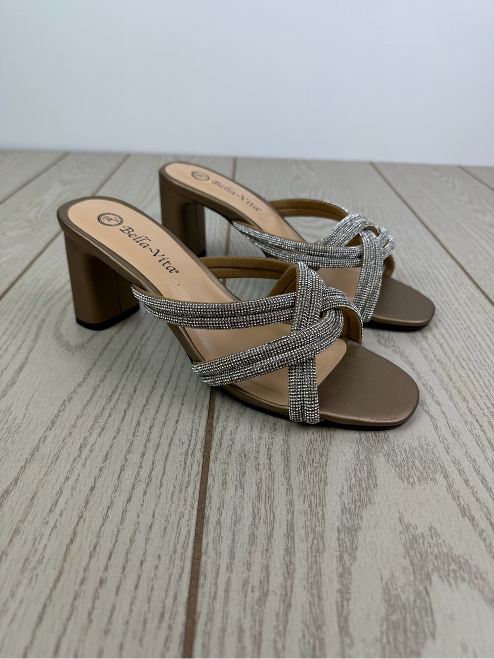 Bella Vita Women's Carmen Heeled Slip On Gem Strap Sandals 7.5W Bronze $100